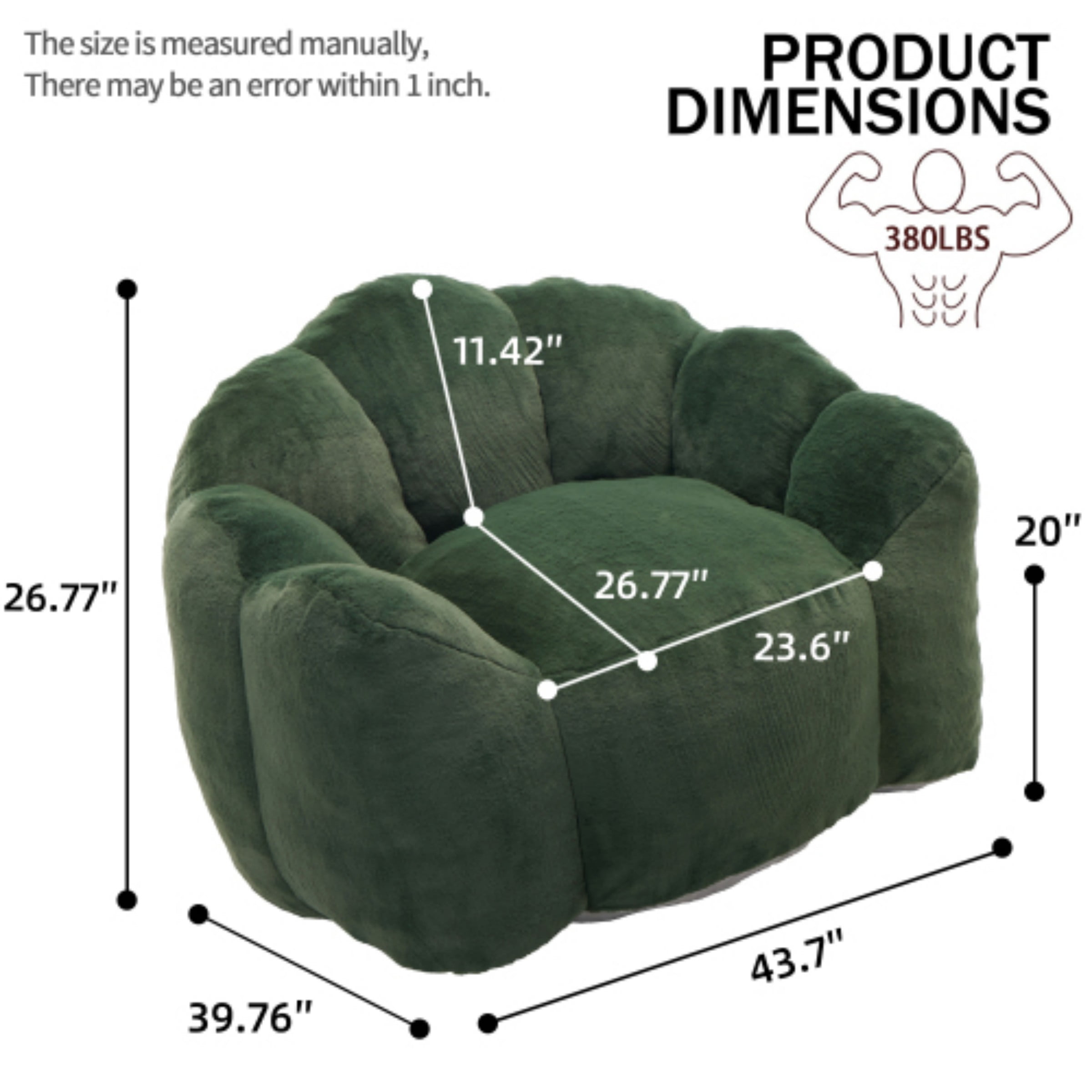 Lotus Bean Bag Sofa Chair for Adults, Memory Foam Lounge Chair with Pull Ring, Lazy Floor Sofa for Living Room Bedroom, Green