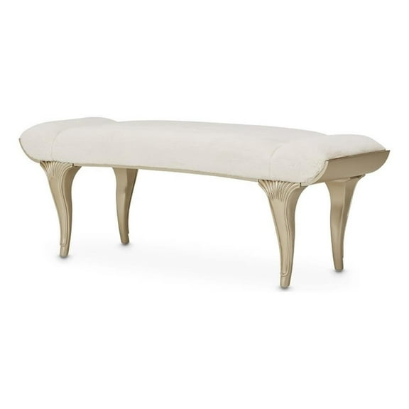 Michael Amini Villa Cherie Faux Fur Fabric Bed Bench in Pearl Ivory/Chardonnay