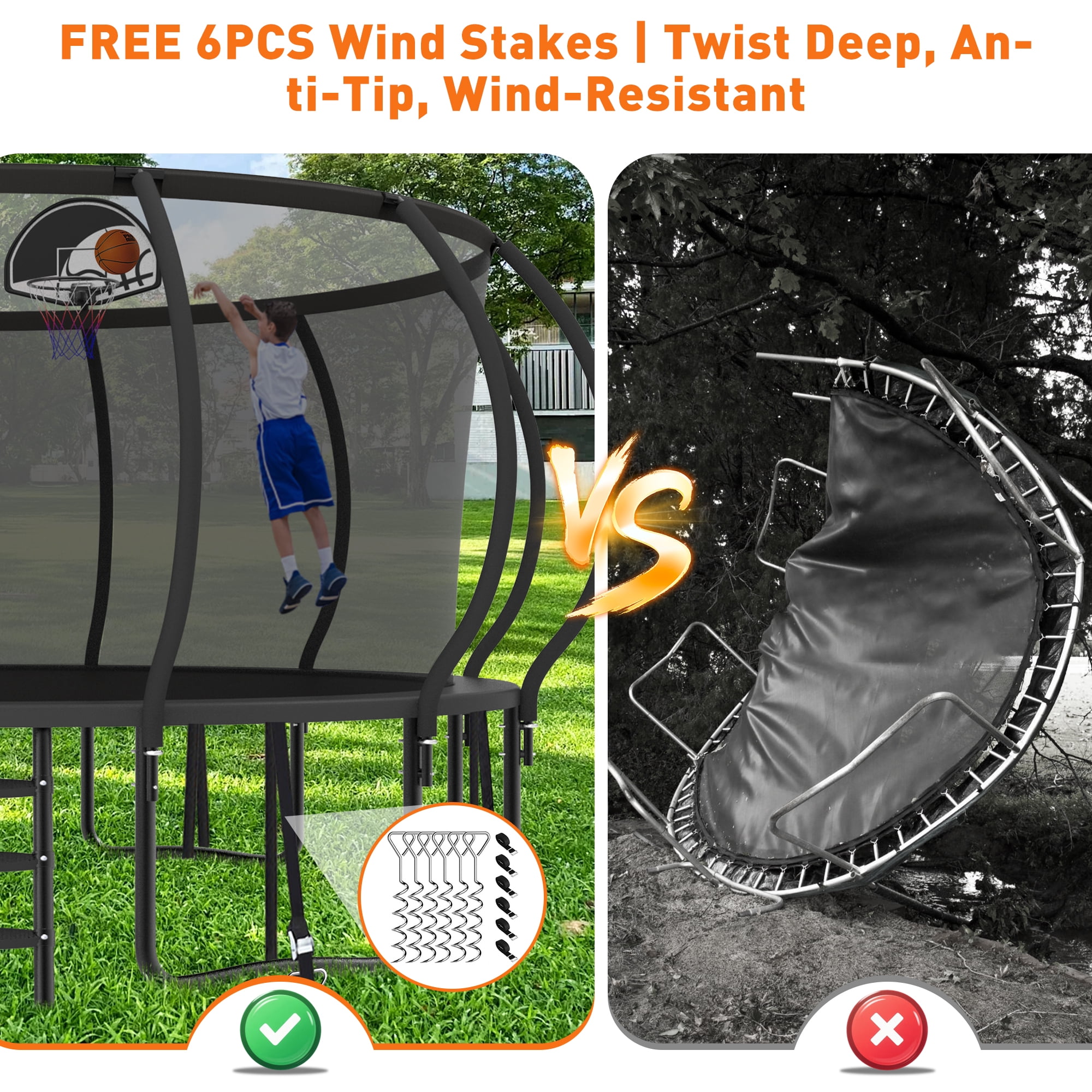 WOWLAND 16FT Trampoline for Adults and Kids 1500LBS Weight Capacity, Heavy Duty Outdoor Trampolines with Enclosure Net and Wind Stakes, Kids Trampoline with Basketball Hoop and Lights, Birthday Gift