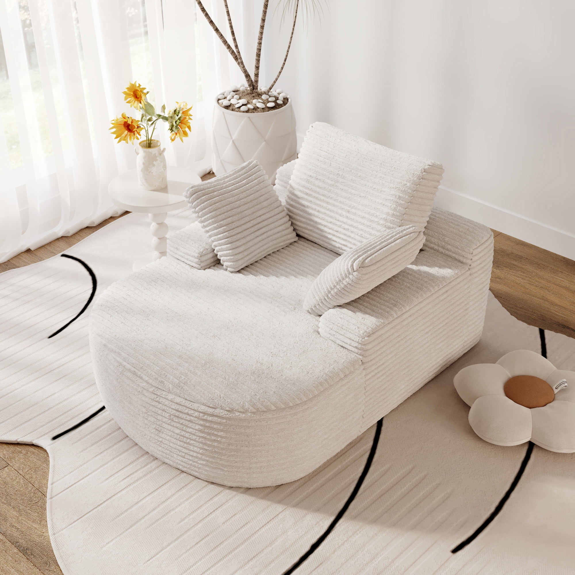 Magic Home Oversized Chaise Lounge Chair Indoor, Modern Deep Seat Sofa with Back Cushion, Pillows, Cloud Plush Corduroy Upholstered Sofa Bed, for Living Room,Bedroom,No Assembly Required, Beige Couch
