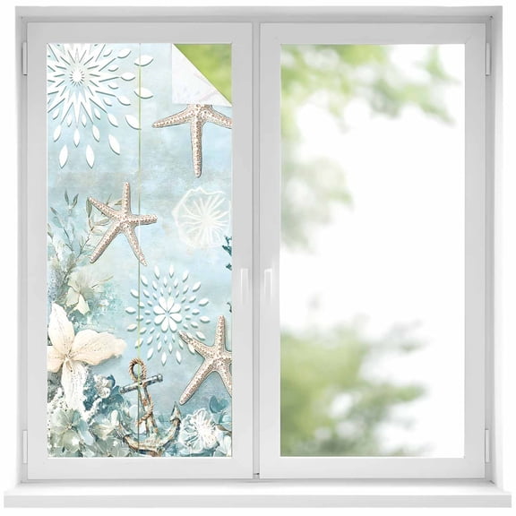 Teal Ocean Coastal Privacy Window Film, Decorative Frosted Glass Window Film, Summer Beach Nautical Coral Starfish Reusable Peel and Stick Static Cling for Home Bathroom Office Glass Door 17.7"x39.3"