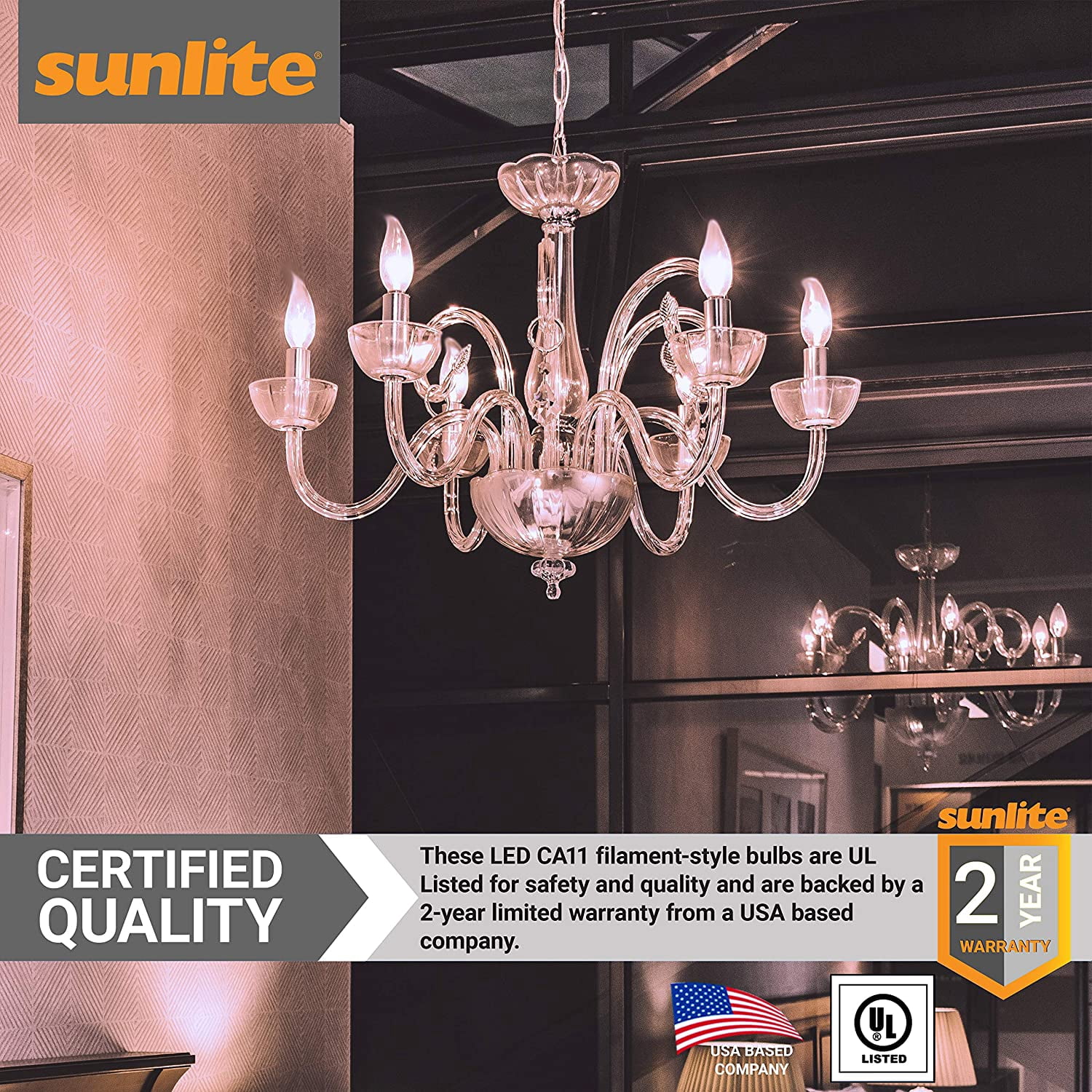 Sunlite LED Filament CA11 Flame Tip Chandelier Light Bulb 5 Watts (60W Equivalent), Candelabra E12 Base, Dimmable, UL Listed, 4000K Cool White, 6 Pack