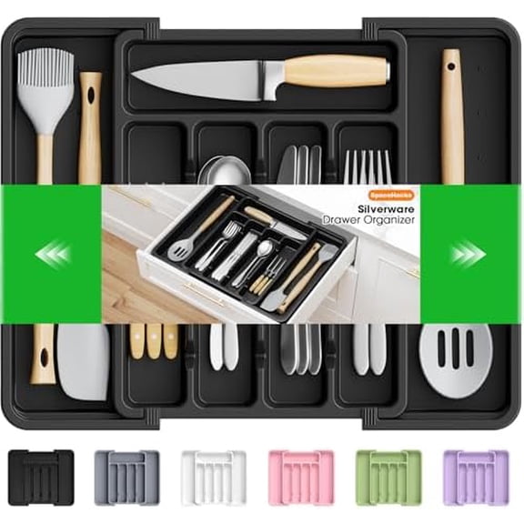 Silverware Organizer,Adjustable & Expandable Utensil Drawer Organizer, BPA Free Utensil Holder, Cutlery Tray for Forks, Spoons, Knives in Kitchen, Medium, Black