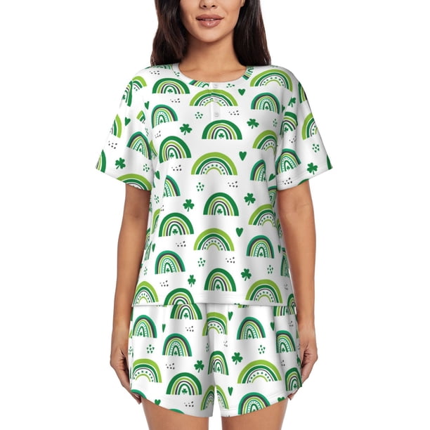 Balery St. Patrick's Day rainbows Conjunto de Pijama para Mujer con Estampado, Dos Piezas de Manga Corta y Shorts, Ropa de Dormir Suave con Cuello Redondo y Bolsillos-Large