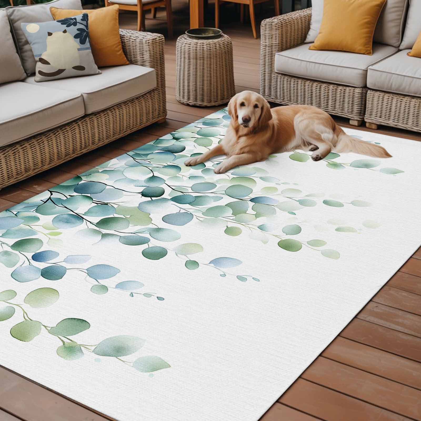 Outdoor Rug 5x8ft Sage Green Eucalyptus Leaves Large Area Rug Watercolor Green Plant Indoor Outdoor Carpet Outdoor Rugs Mats for Patio Camping,RV,Front Door, Outside Decor