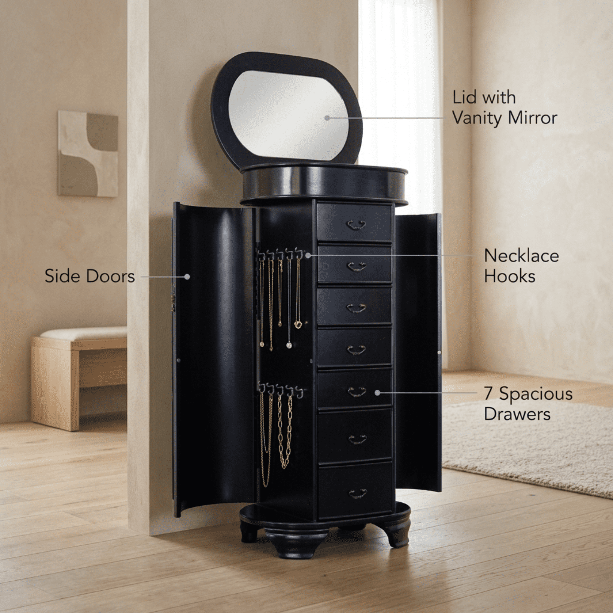Hives and Honey Daley Oval Free Standing Wood Jewelry Armoire, Black