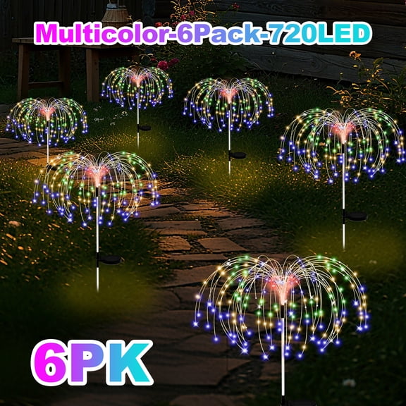 6 Pack Solar Garden Lights Outdoor, 120 LED Firework Pathway Lights with 8 Modes, Waterproof Twinkle Fairy Light for Yard Patio Christmas Decoration, Multicolor