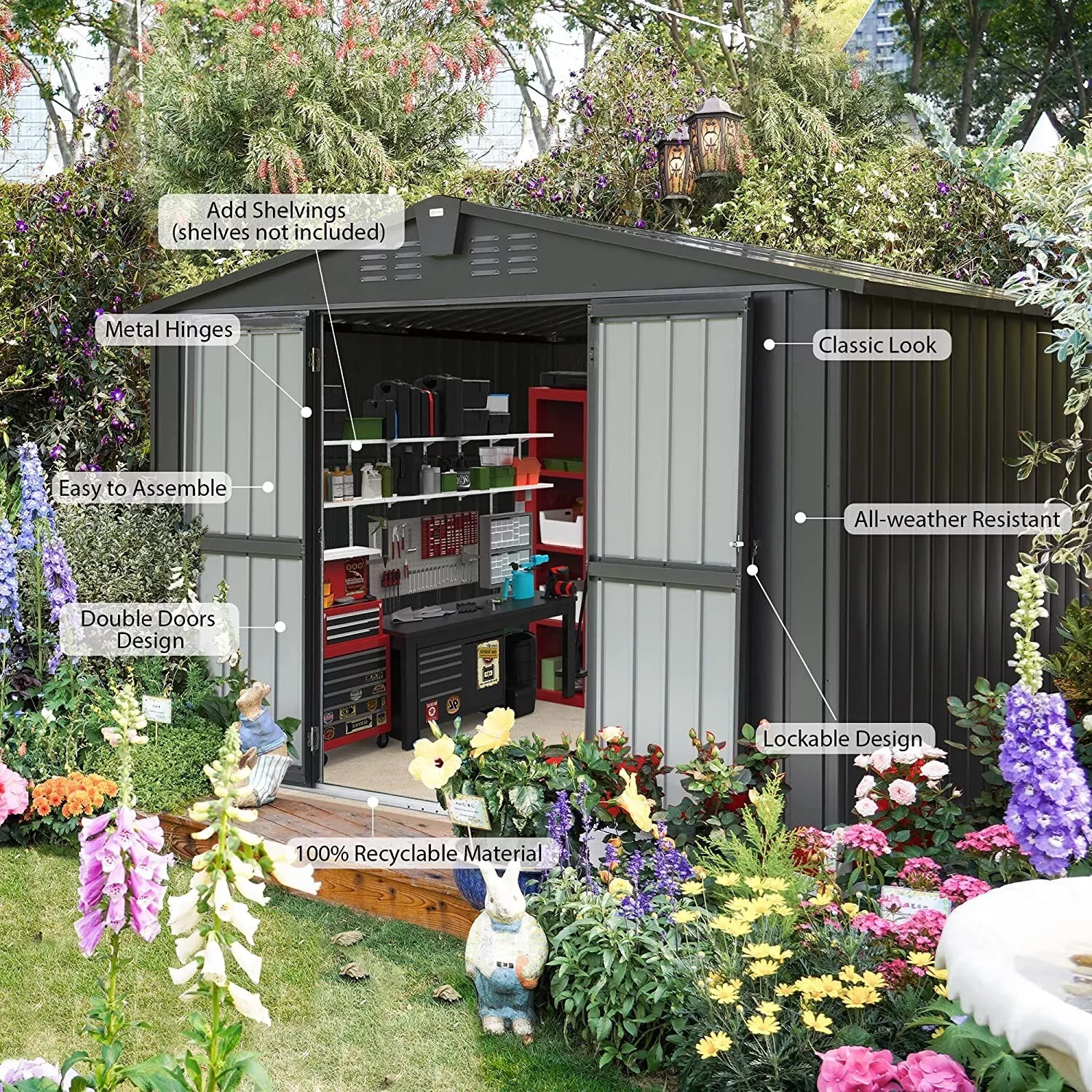 Domi Outdoor 10x 8FT Storage Shed with Lockable Door , Metal Garden Shed for Backyard, Patio, Lawn for Bike, Trash Can, Tools, Lawn Mowers, Pool Toys(Gray)