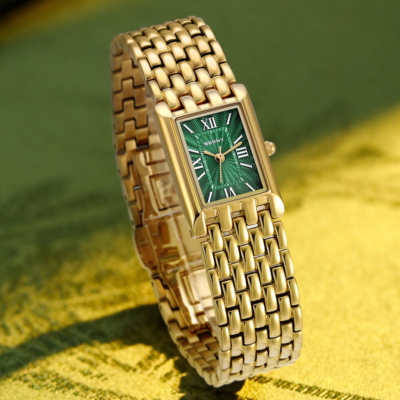 BERNY Small Gold Watches for Women, Luxury Vintage Rectangular Case Roman Dial, Dainty Stainless Steel Bracelet Watch, Adjustment Tool Included, Waterproof, Womens Gold Watch Gifts (Green)