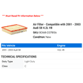 thumbnail image 2 of Air Filter - Compatible with 2001 - 2003 Audi S8 4.2L V8 2002, 2 of 2