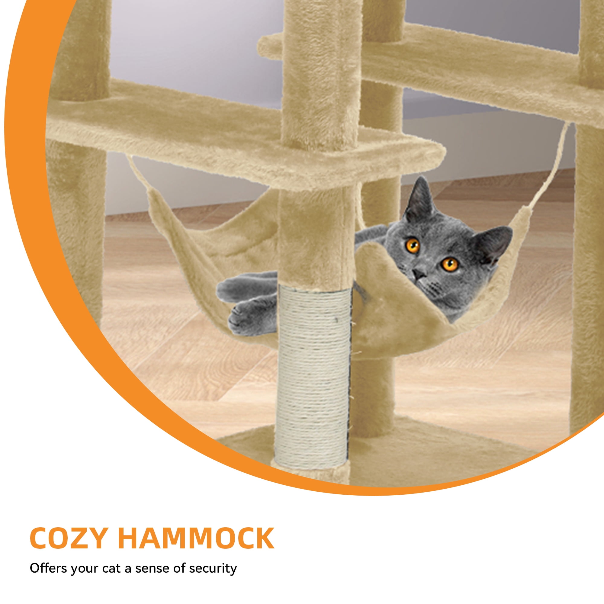 Uforic 75"Cat Tree for Large Cats ,Multi Level Play Tower Condo with Scratching Posts &Cat Caves & Comfortable Hammock, Pet Play Center, Beige