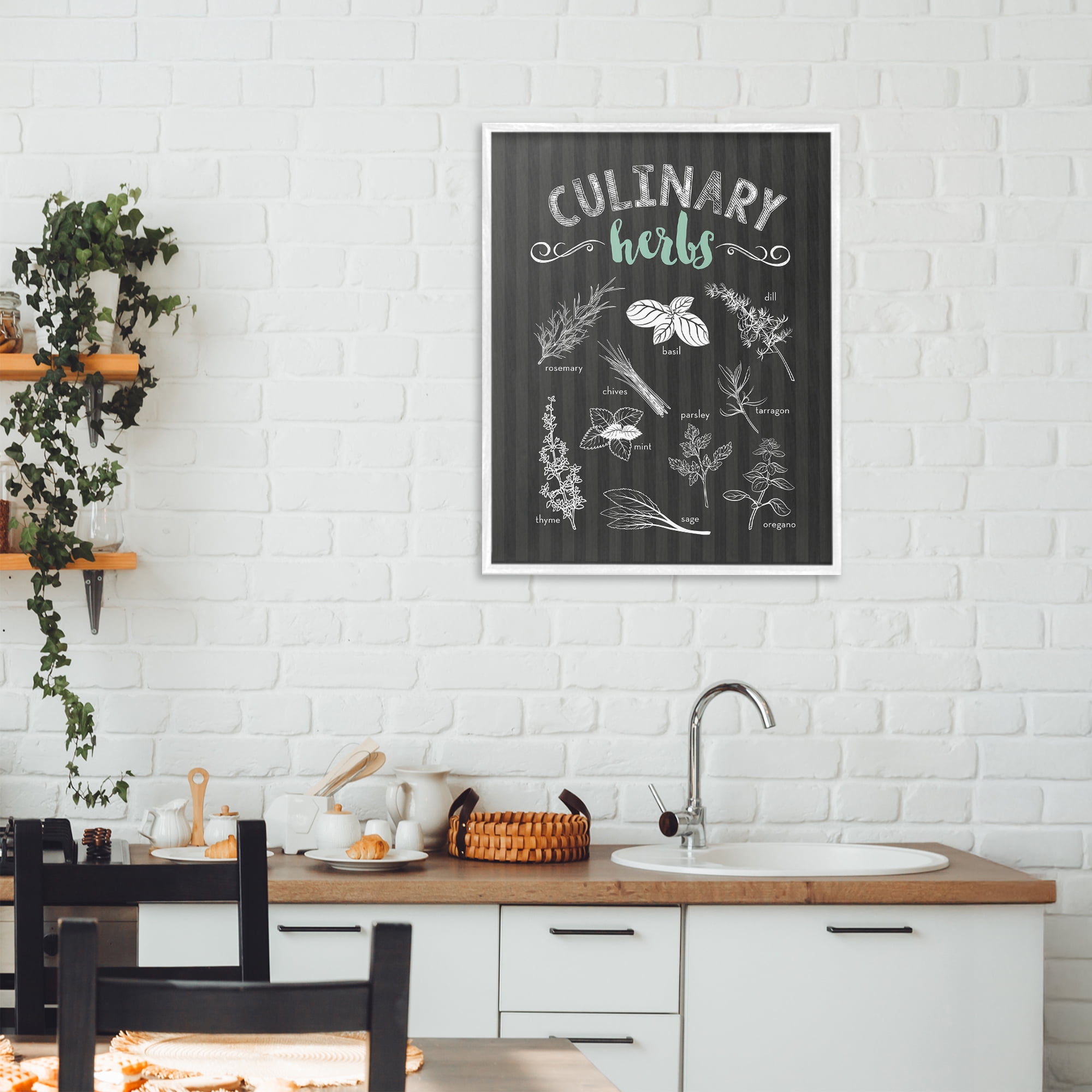 Culinary Herbs on Stripes White Framed Giclee Art, design by Lettered and Lined