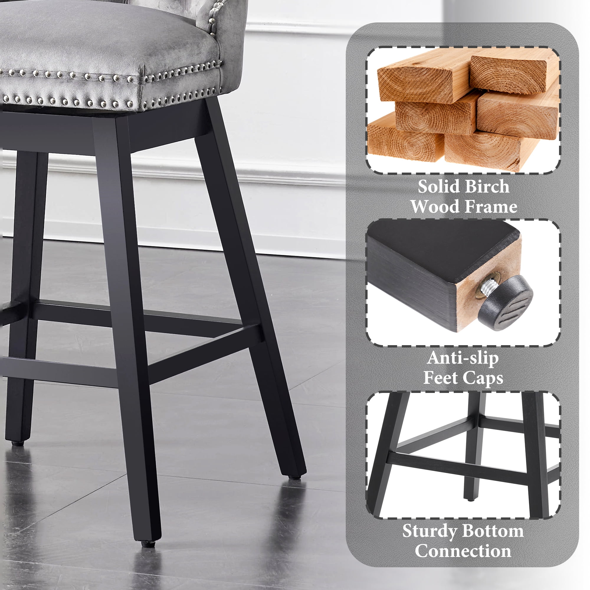 TEWLOSS 26" Swivel Counter Height Bar Stools with Back Set of 2, Gray Velvet Kitchen Stools