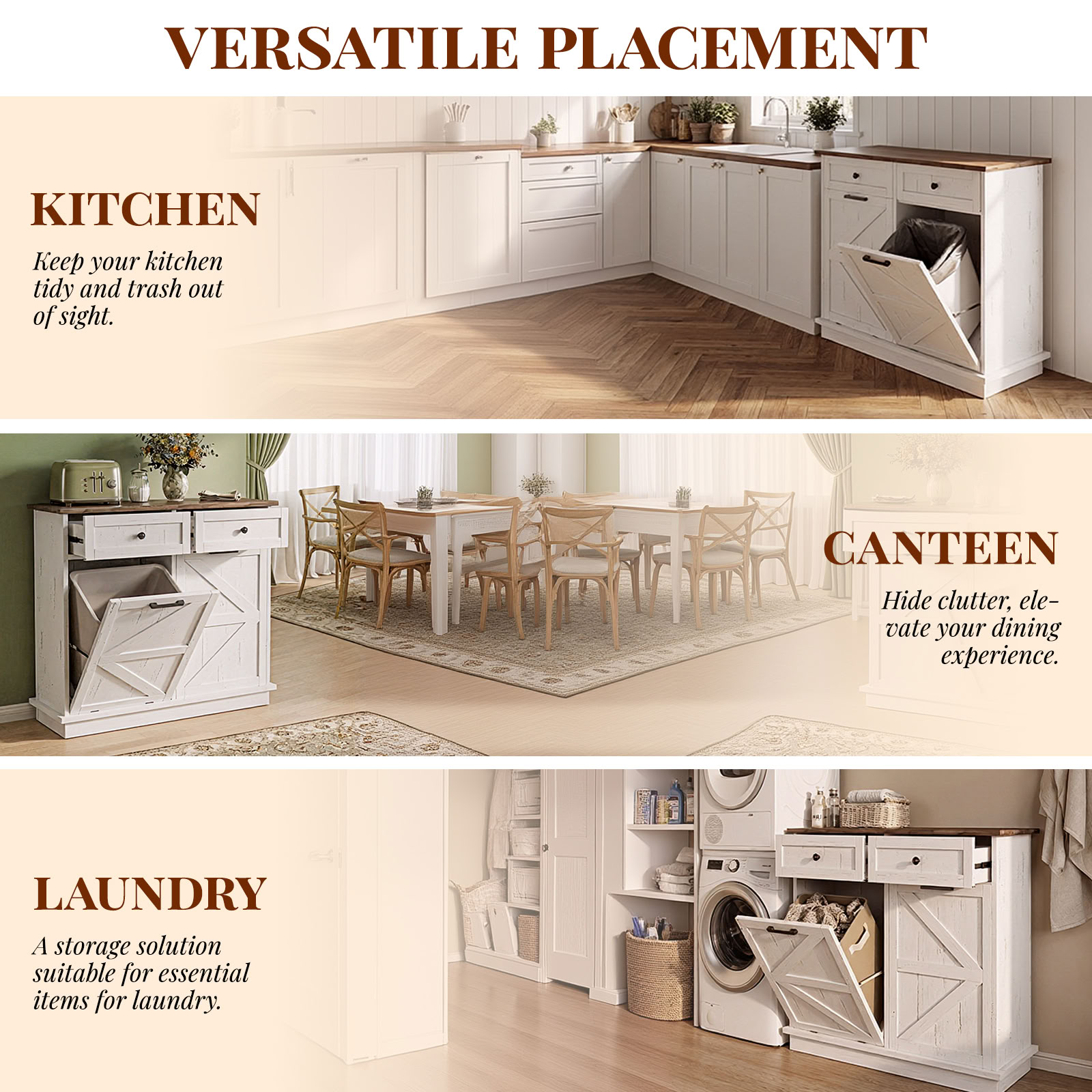 MAYEERTY 39.4" Farmhouse Storage Cabinet, Double Tilt Out Trash Can Cabinet with Drawer, Hidden Cabinet for Kitchen, Laundry, Living Room, Office