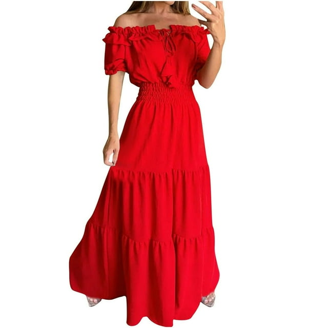JUNWELL Aubaines Tente pour Femmes Été Automne Mode Manches Courtes Invitée de Mariage Robe de Bal Unie Robe de Fête Épaules Dénudées Col Boho Robes Coupe Ajustée Grande Ampleur Vacances Plage Vert 4