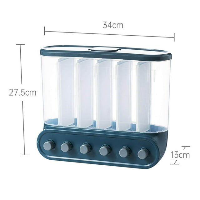 ziyahi Wall-Mounted Dry Food Storage Dispenser Grains Rice Box Candy Organizer 6 Grid Blue