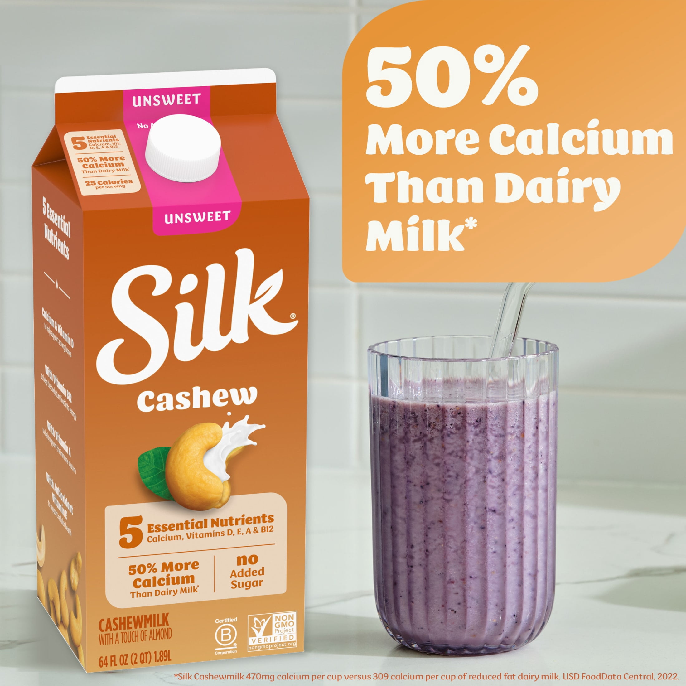 Silk Dairy Free, Gluten Free, Unsweet Cashew Milk, Plant Based Milk Half Gallon, 64 fl oz