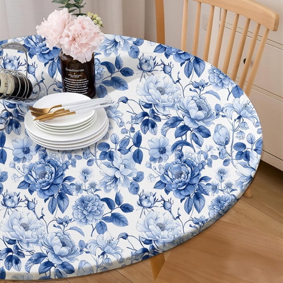 Round Tablecloth Fitted Elastic Edge Patio Table Covers Wrinkle Resistant Waterproof Vinyl Table Cloth for Picnic Camping Indoor and Outdoor,Blue Flowers Retro 41"-44"