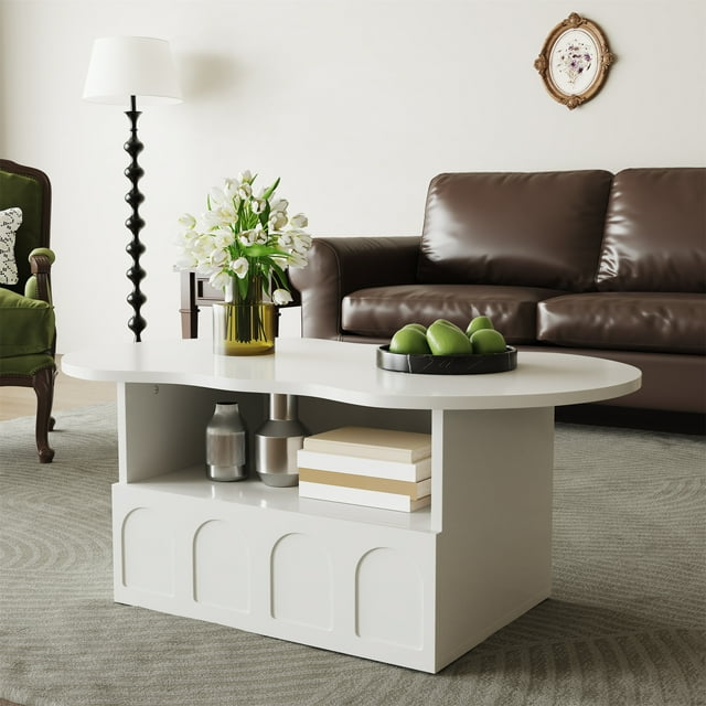 Sumdeal Cloud-Shaped Coffee Table with Storage Drawers, Modern Accent Center Table for Living Room, White