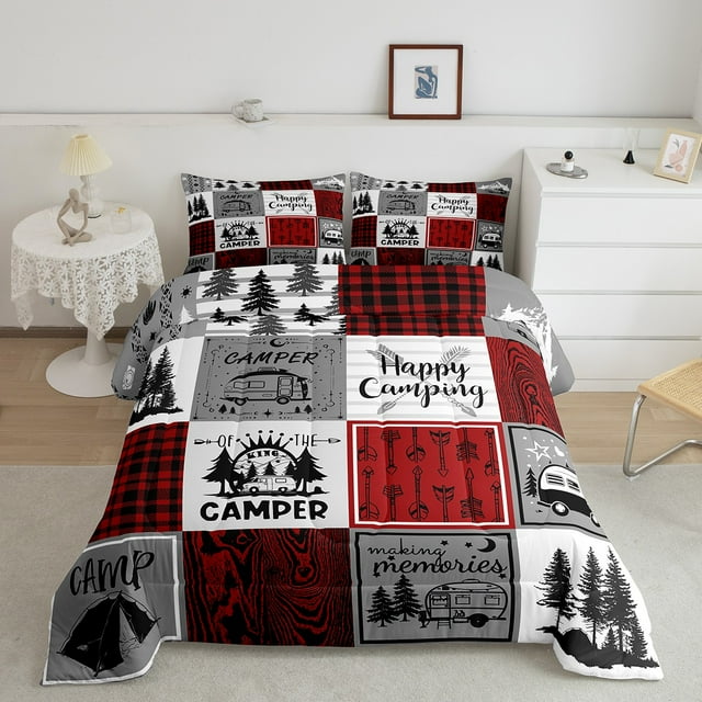 YST Ensembles de Literie Grand pour Roulotte, Ensemble de Douillette de Camping pour VR, Literie Rustique à Carreaux Buffalo, Ensembles de Douillette, Accessoires de Roulotte pour Roulottes de Voyage, Couchette, Courtepointe de Camping Campagnard, Housse de Couette Rouge Noir Gris