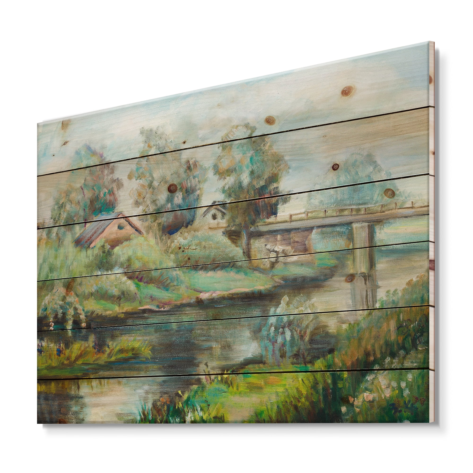 Designart 'Rustic Landscape With Bridge On The River' Lake House Print on Natural Pine Wood
