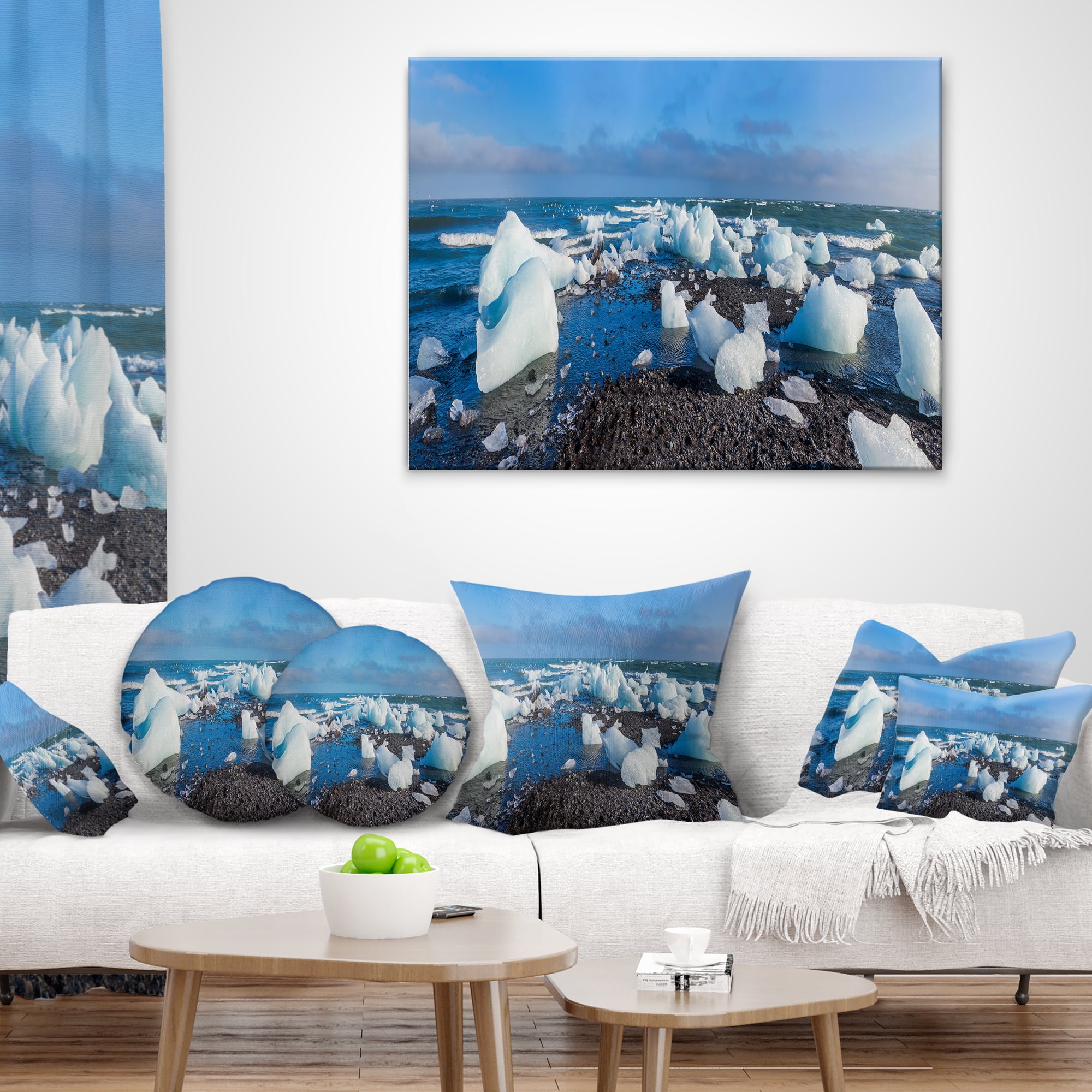 Designart Ice Blocks on Sand Beach - Seashore Photo Throw Pillow - 12x20