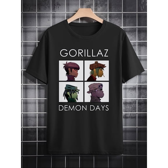 Men's Casual Graphic T-Shirt - Gorillaz Demon Days Album Art Print, Black Round Neck Summer Tee, Machine Washable Regular Fit, Fan Merchandise, Cartoon Character Print