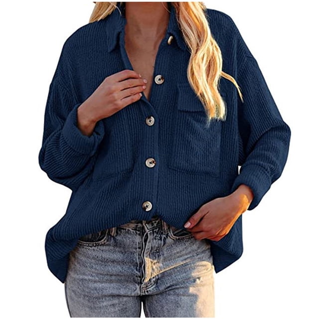 Womens Long Sleeve Tops Womens Pockets Buttons Long Sleeve Tops Outwear Solid Color Turn-Down Collar Jacket Coat Womens Tops Long Sleeve Womens Jacket Winter Long Womens Coat