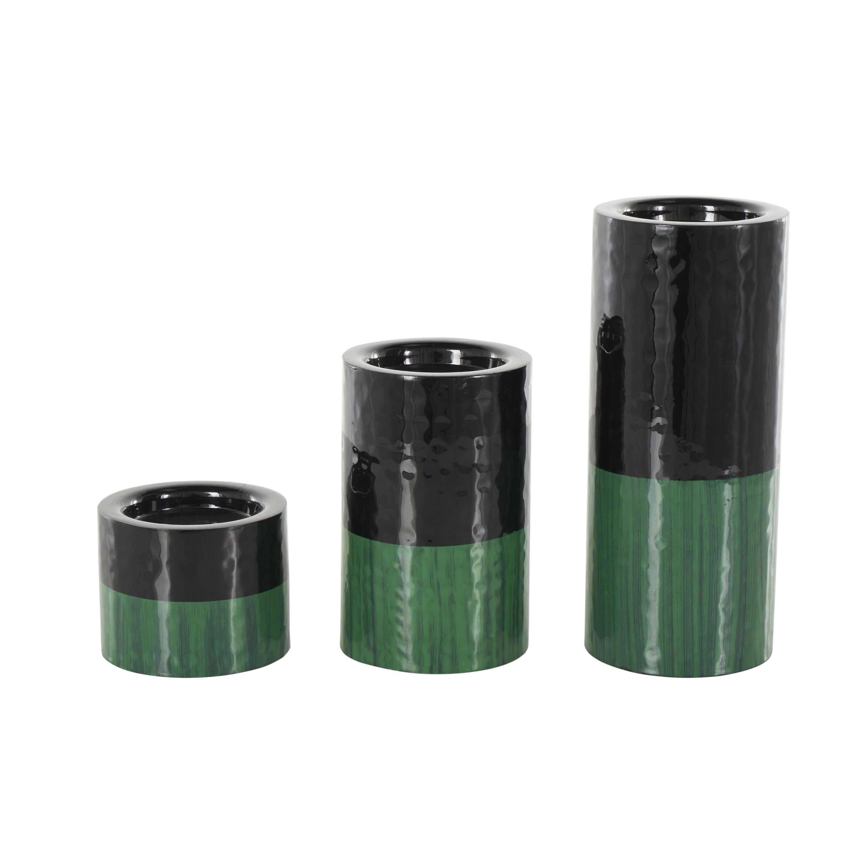 DecMode 3 Candle Green Metal Colorblock Candle Holder with Paint Streak Designs, Set of 3