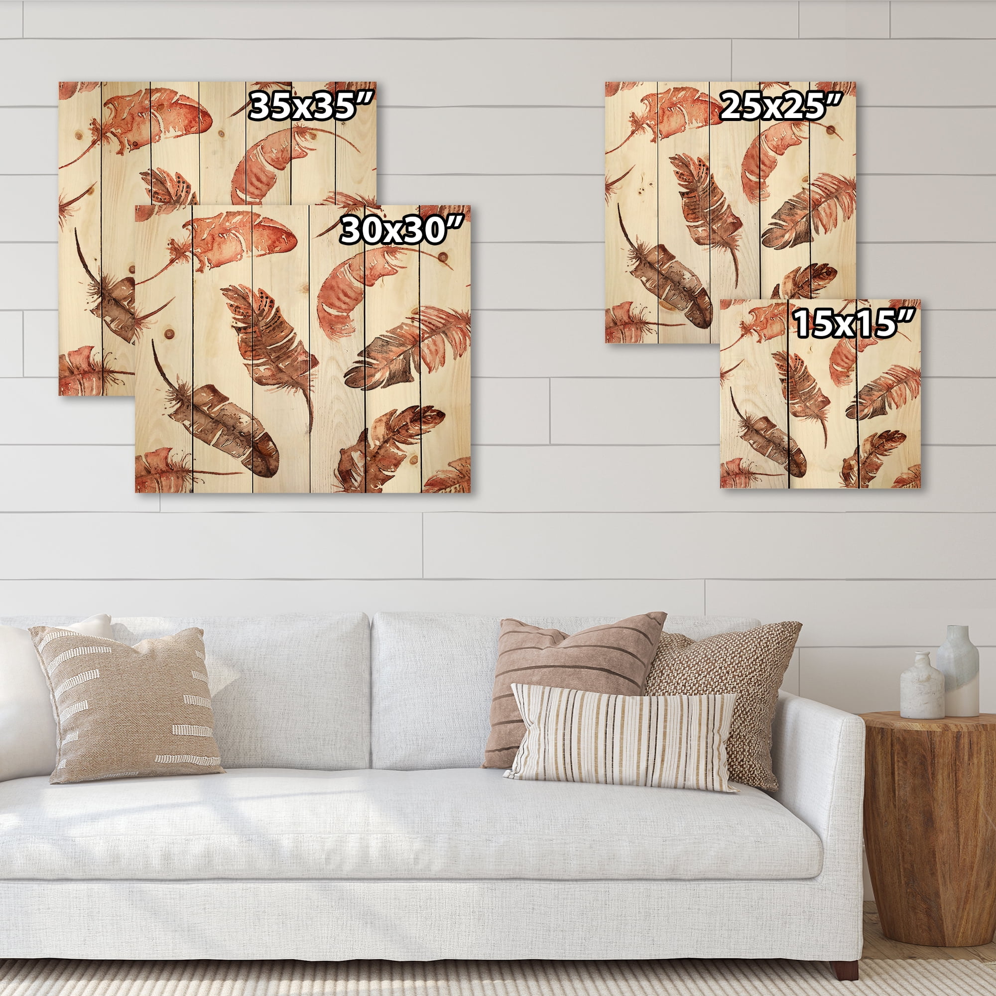Designart 'Ethinic Orange Feathers On White' Bohemian & Eclectic Print on Natural Pine Wood