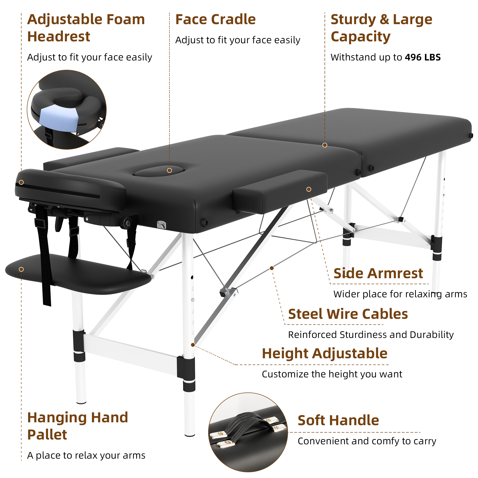 Westice Portable 2-Section Foldable Massage Table with Adjustable Height, Face Cradle, Aluminum Frame, Ideal for Spa, Tattoo, Lash & Facial Services, Black