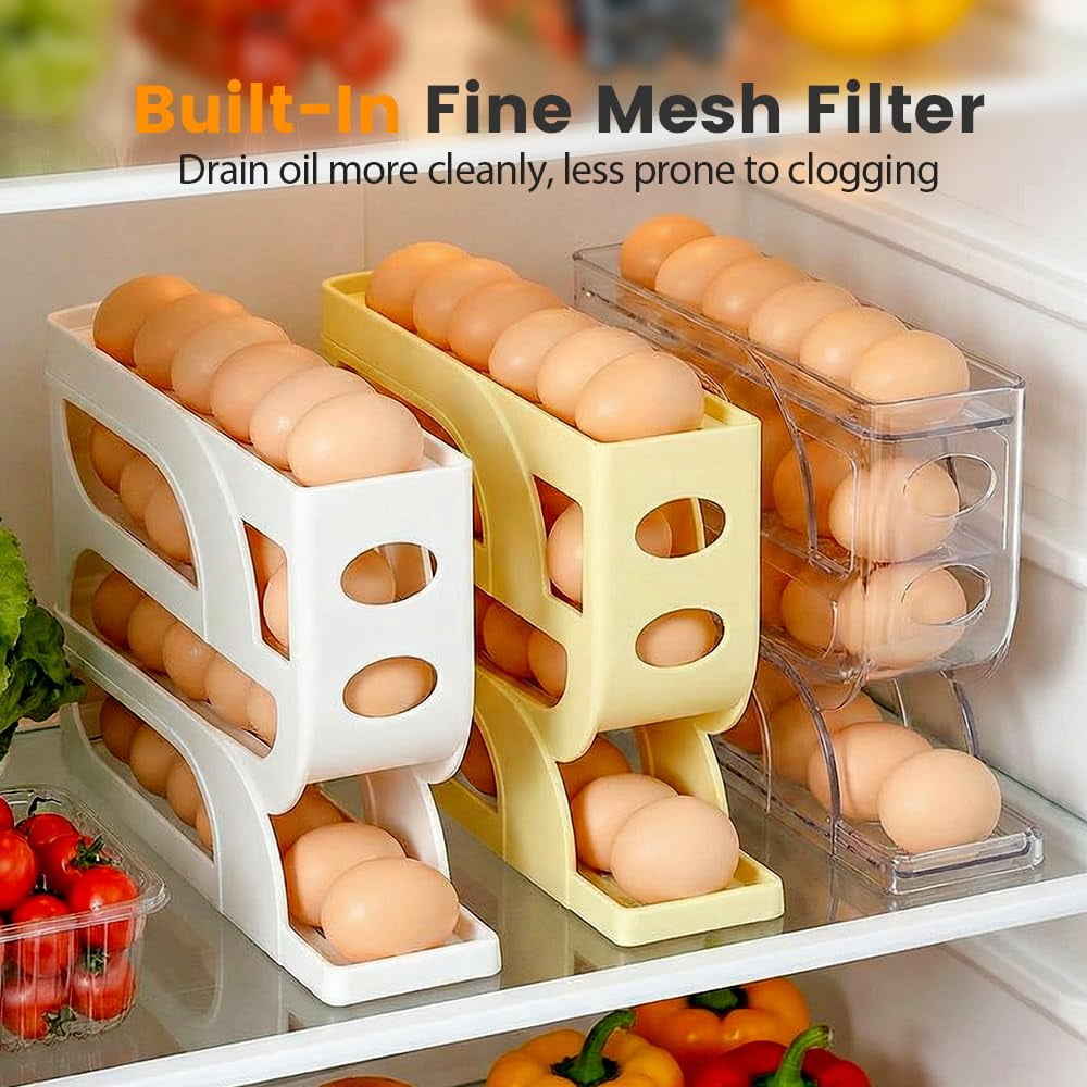 Auto Rolling Egg Holder for Fridge, 4-Tier Egg Dispenser Organizer Holds 28 Eggs, No Assembly Space-Saving Egg Storage Rack for Refrigerator & Countertop