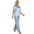 thumbnail image 4 of DAKIMOE Womens Silk Satin Pajama Set Short Sleeve Shirt with Long Pajamas Pant Set Two-piece Pj Sets Soft Sleepwear Loungewear Nightwear Pjs S-2XL, Gray Blue, XL, 4 of 10