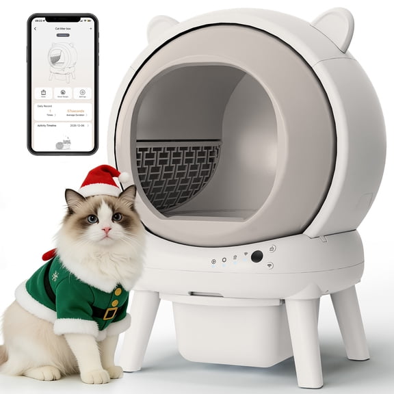 HLR 70L Smart Automatic Self-Cleaning Cat Litter Box, APP Control/Integrated Safety Protection, Cat Ears Design, White