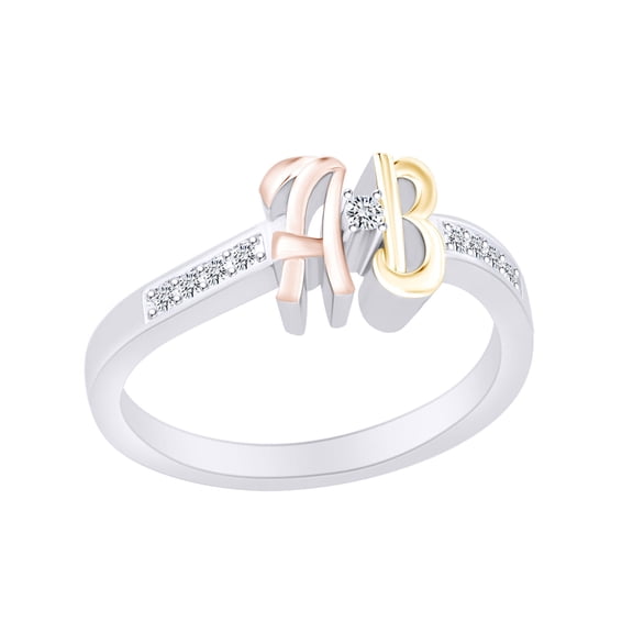 AFFY 1/10 Carat Round White Natural Diamond Initial Letter A & B Ring 14k White Gold Over Sterling Silver (0.1 Cttw)