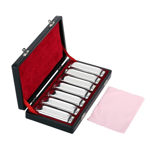 Juego de 7 armónicas diatónicas de blues en tonos A, B, C, D, E, F y G, con estuche y paño de limpieza.