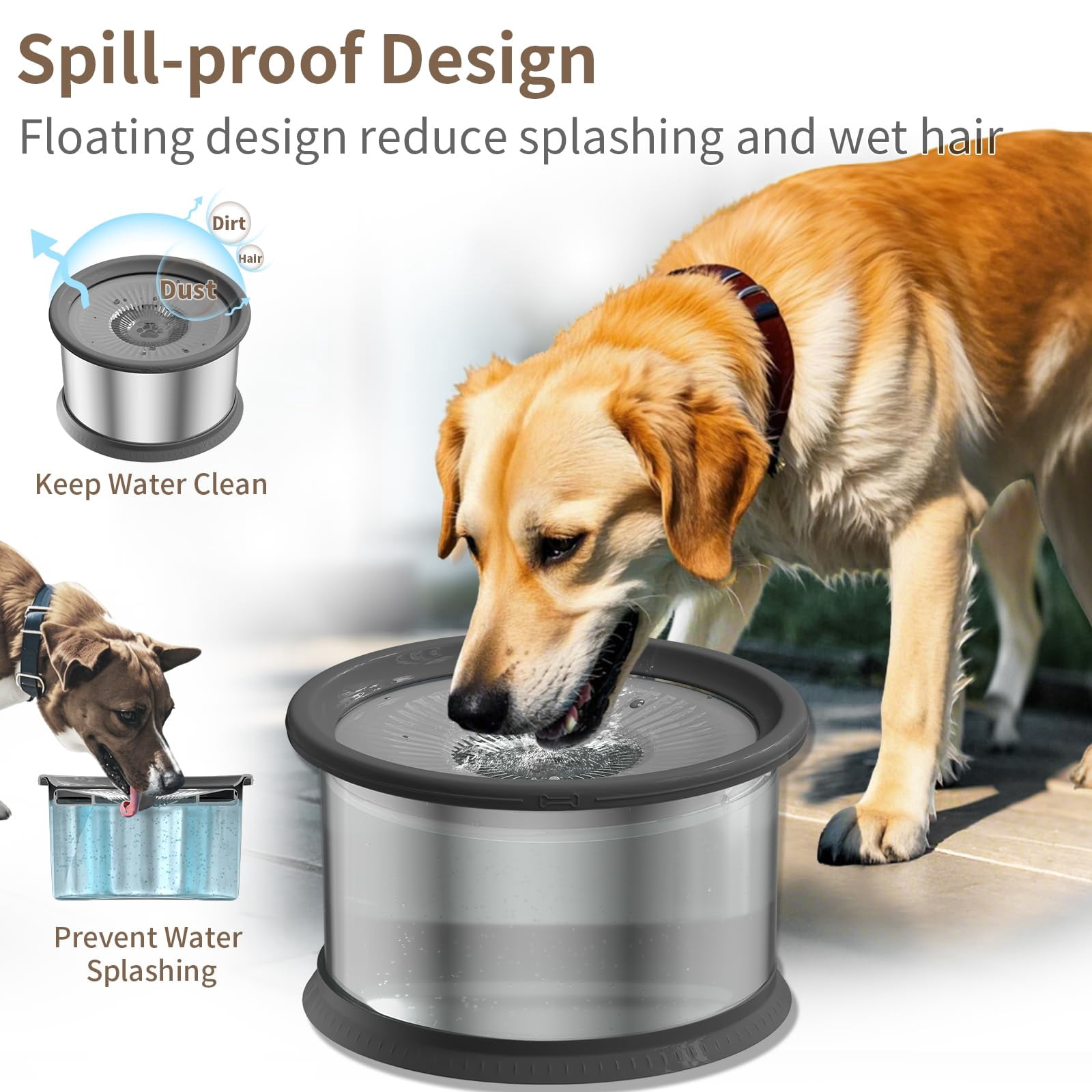 6.5L Dog Water Bowl No Spill 1.6 Gallon Stainless Steel Water Bowl for Dogs 220oz Large Capacity No Splash Slow Drinking Feeder with Anti-Slip Mat for Messy Drinkers