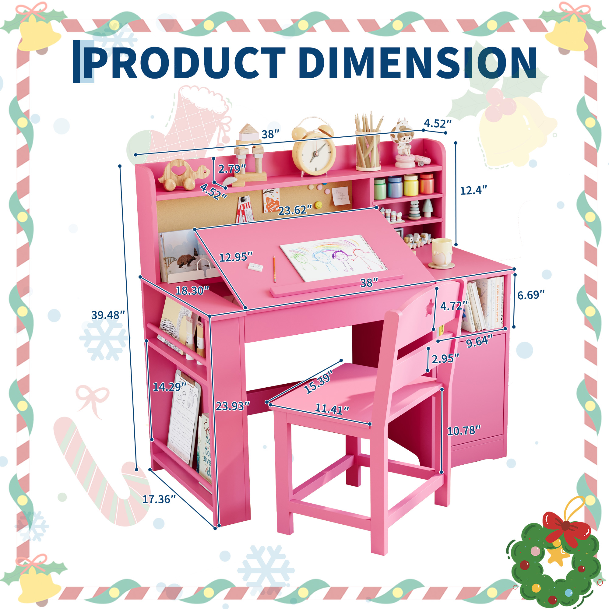 Kids Study Desk & Chair Set with Storage, Kids Study Desk with Hutch and Tiltable Desktop, Wooden Children Table with Storage Cabinet for 3-8 Years Old, Student Writing Table for Bedroom