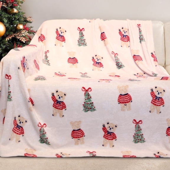 Gogreen Christmas Flannel Throw Blanket, 50"x60" 300GSM Soft Microfiber Cozy Fleece Blanket for Couch Bed, Holiday Decor - Christmas Bear