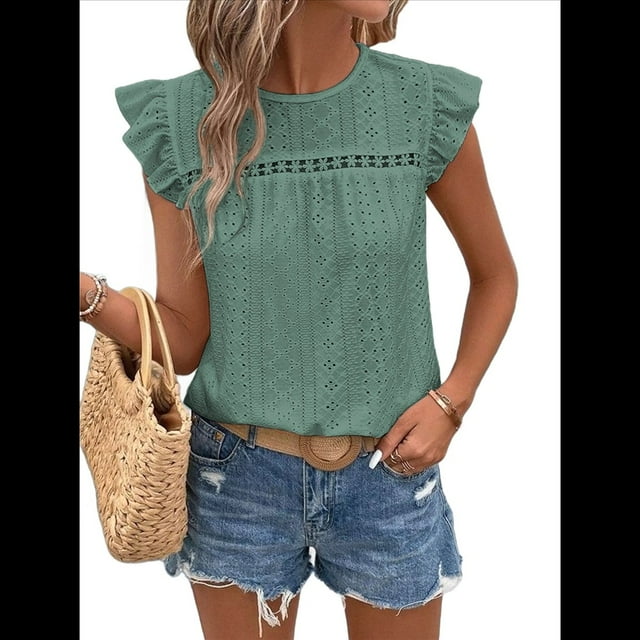 Top de Cuello Redondo y Mangas para Mujer, Verde , Talla XXL