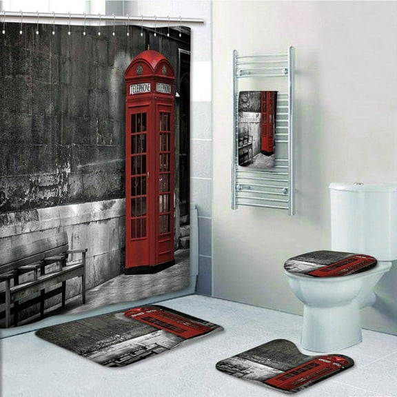 PRTAU London Famous British Phone Boot in London Streets Important Icon of Town Urban Life 5 Piece Bathroom Set Shower Curtain Bath Towel Bath Rug Contour Mat and Toilet Lid Cover