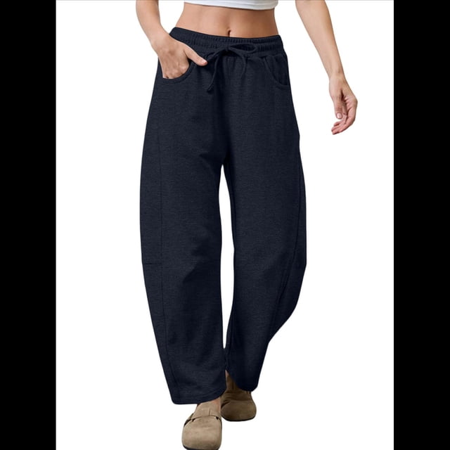 Pantalones Deportivos para Mujer con Cintura Elástica, Pierna y Cordón Ajustable, Estilo Palazzo Informal con Bolsillos. Azul Marino XL