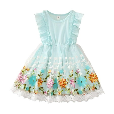 

Toddler Little Girl Summer Ruffle Round Neck Sleeveless Floral Embroidery Printed Lace Hem Dress Princess Dress Kids Baby Sweet Sundress Outwear Leisure Dailywear
