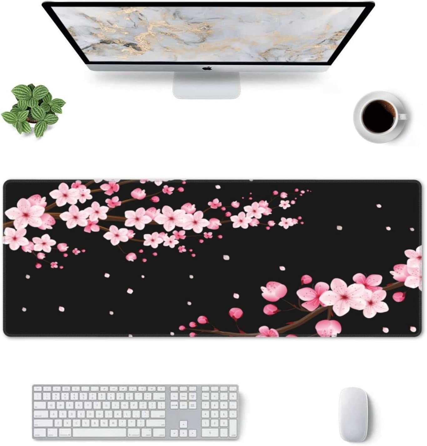 Pink Cherry Blossom Mouse Pad 31.5x11.8 Inch Black Japanese Anime XL Large Gaming Extended Mousepad Big Desk Pad Stitched Edges Rubber Keyboard Mat for Office Desktop