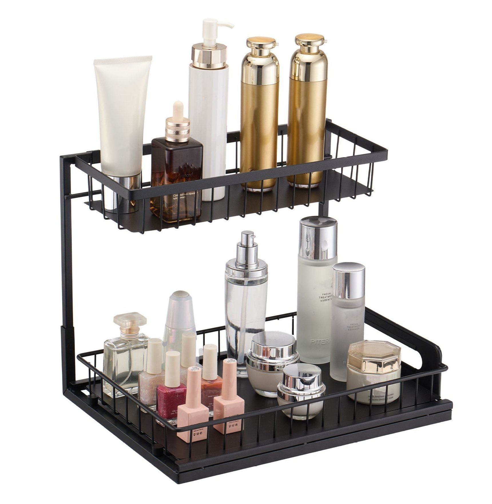 Pull Out Cabinet Organizer 2 Tier - Under Sink Organizer & Storage (10.7"W x 14.2"D) - Sliding Shelf - Wire Basket - Kitchen, Bathroom, Cabinet - 12.5"W x 15.5"D x 13"H