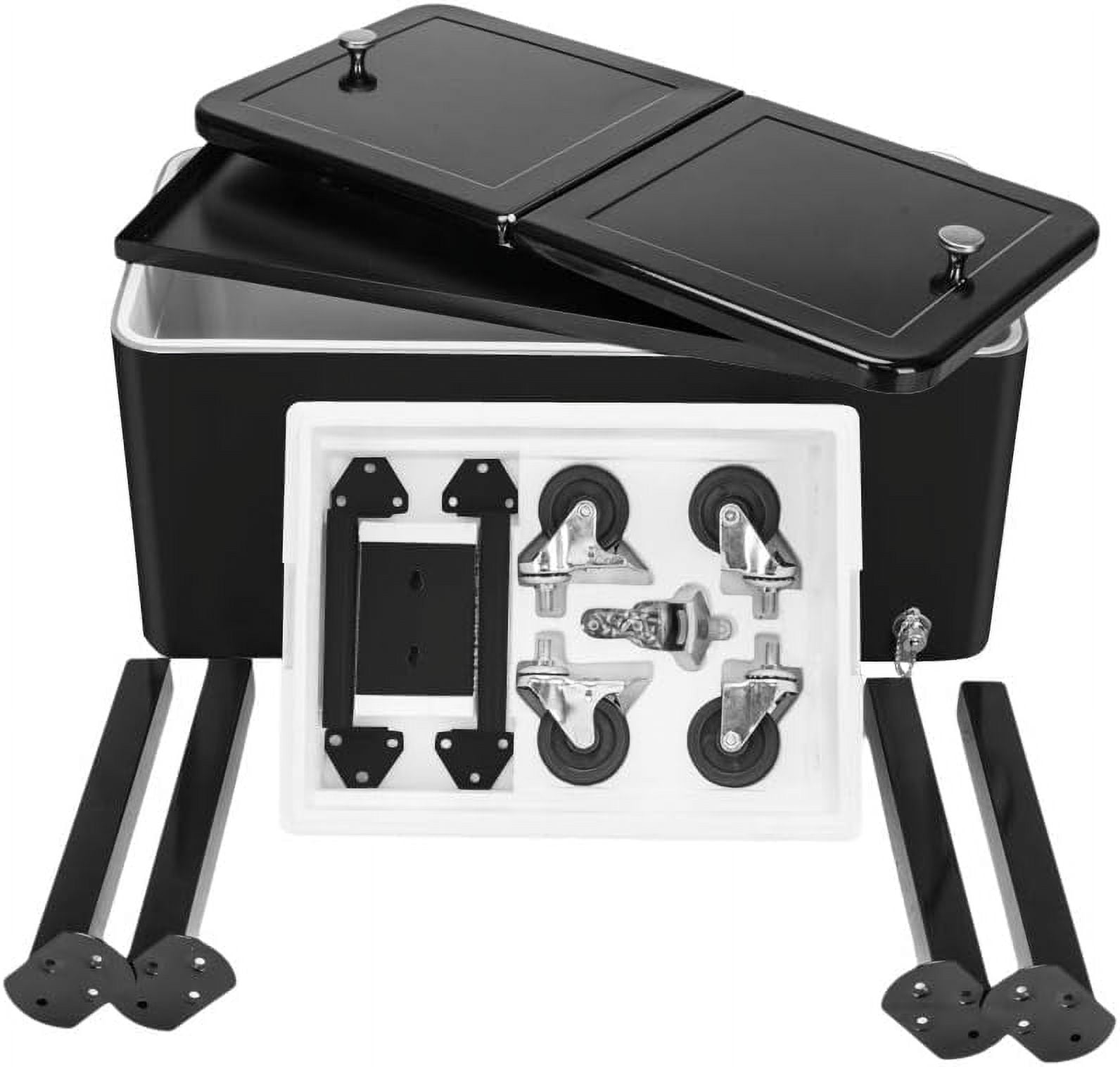 80 Quart Rolling Ice Chest, Portable Bar Drink Cooler with Catch Basin, Bottom Storage Tray and Bottle Opener for Patio Party BBQ Beach Activities