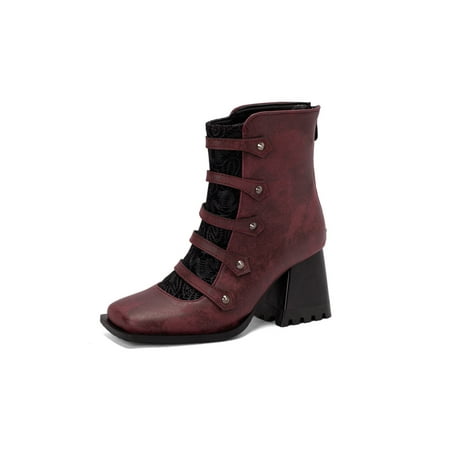 

Eloshman Ladies Casual Dress Formal Shoes Anti-Slip Bootie Comfort Square Toe Ankle Boots Red 8.5