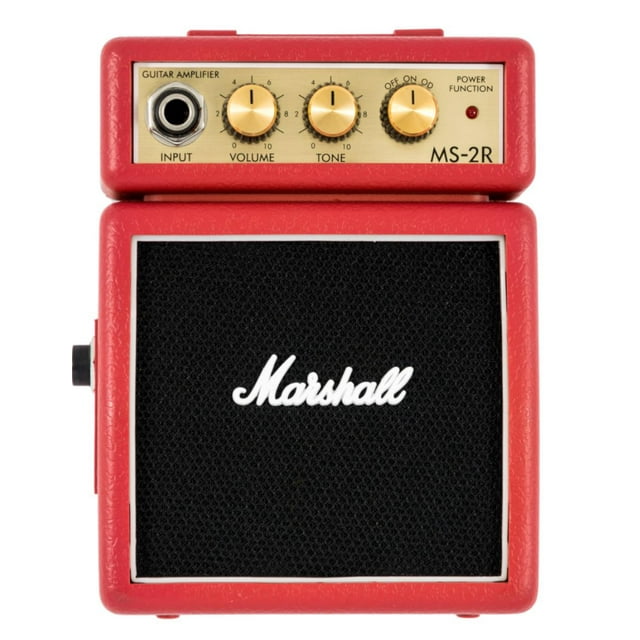 amplificador marshall ms-2c Rojo, amplificador compacto de 1W con panel frontal dorado, perillas de volumen y tono, entrada de guitarra y conector para audífonos; carcasa roja con rejilla negra y logo Marshall en blanco, clip para cinturón, ideal para práctica portátil.