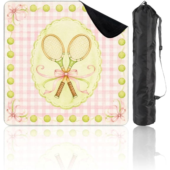 31.5" x 31.5" Mahjong Mat for Table with Carrying Bag Vintage Tennis Rackets Pink Green Design Ribbon Border Non-Slip Noise-Reducing Game Mat for Mahjong Poker Dominoes Board Games