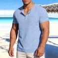 thumbnail image 2 of LMOIPLI Men's Cotton Linen Henley Neck Shirt Summer Loose Fit Short Sleeve Tee Shirts Breathable Vacation Casual Tops with Pocket Sky Blue L, 2 of 8